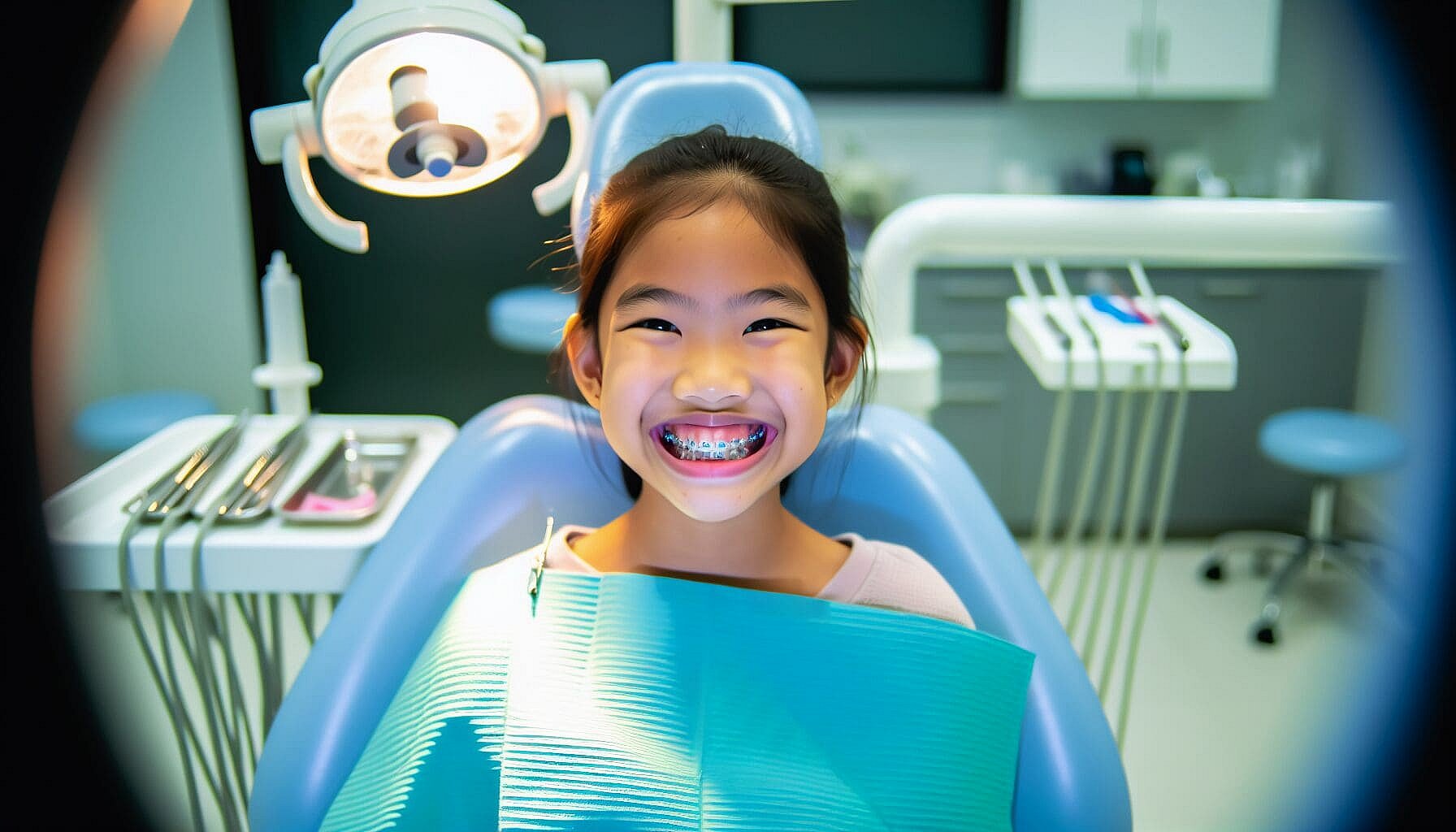 A child sits in a dental chair, smiling beneath the bright dental light, proudly showing their new affordable braces while wearing a bib in Austin or Houston, TX