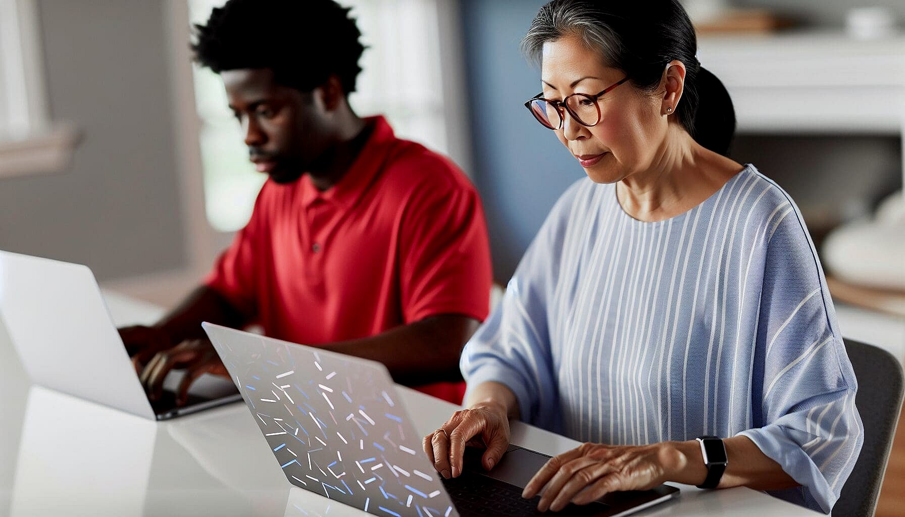 Two people sit at a table, diligently working on laptops. The person in the foreground, who sports affordable braces and glasses, wears a blue striped top. In the background, the other person is focused on their screen, dressed in a vibrant red shirt in Austin or Houston, TX